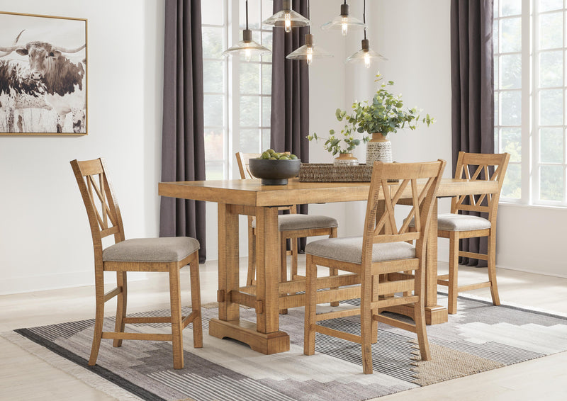 Ashley Furniture Havonplane counter height barstool with wooden frame and cushioned seat, shown from the side with a leaf-patterned backrest.