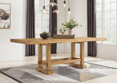 Ashley Furniture Havonplane dining room set with a wooden table and matching chairs, featuring a leaf design on the table surface.