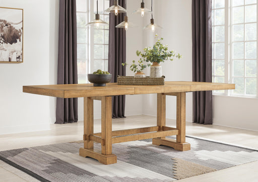 Ashley Furniture Havonplane dining room set with a wooden table and matching chairs, featuring a leaf design on the table surface.