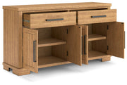 Ashley Furniture Havonplane dining server with open storage drawers and cabinet doors, showcasing a modern wooden design.
