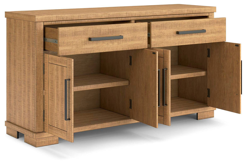 Ashley Furniture Havonplane dining server with open storage drawers and cabinet doors, showcasing a modern wooden design.