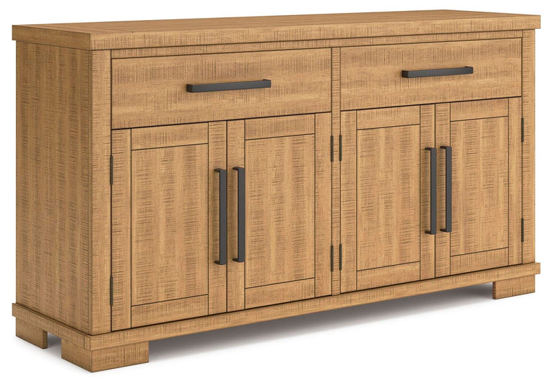 Ashley Furniture Havonplane dining server with storage cabinets and drawers, shown from an angled view.
