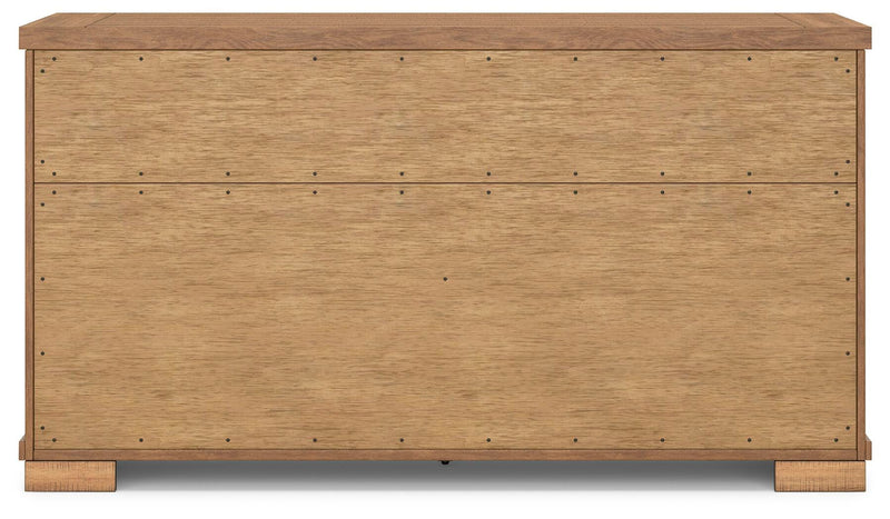 Ashley Furniture Havonplane dining server with glass doors and wooden finish, featuring multiple storage compartments and a modern design.