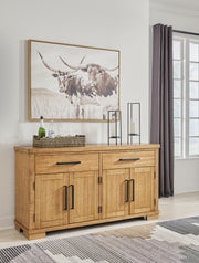 Ashley Furniture Havonplane dining server with closed cabinet doors, showcasing a stylish wooden finish and elegant design.