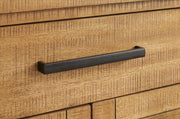 Ashley Furniture Havonplane dining server with detailed handle design, featuring a sleek wooden finish and storage display.