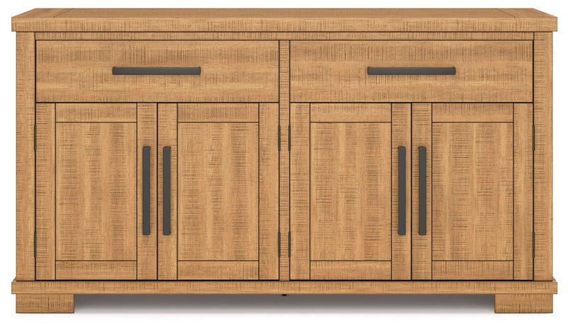 Ashley Furniture Havonplane dining server with wood finish, featuring multiple storage compartments and elegant design details.