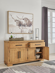 Open Ashley Furniture Havonplane dining server with multiple drawers and cabinets, showcasing a stylish wooden design.