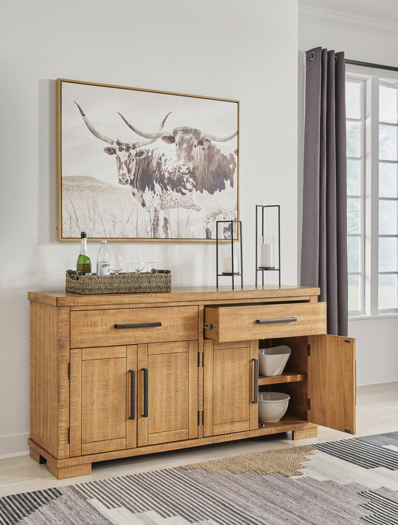 Open Ashley Furniture Havonplane dining server with multiple drawers and cabinets, showcasing a stylish wooden design.