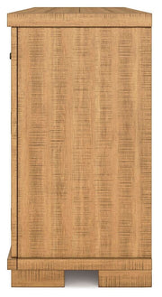 Ashley Furniture Havonplane dining server with wood finish, featuring multiple storage drawers and a sleek tabletop.