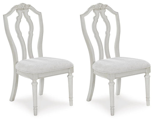 Ashley Furniture Montelaine dining chair with upholstered seat and wooden legs, shown from an angled side view.