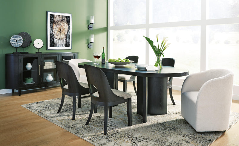 Ashley Furniture Rowanbeck dining room set with a table and six chairs, featuring a modern wooden design.