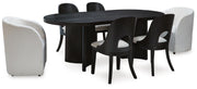 Ashley Furniture Rowanbeck dining room set featuring a wooden table and six matching chairs in a warm finish.