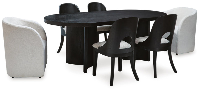 Ashley Furniture Rowanbeck dining room set featuring a wooden table and six matching chairs in a warm finish.