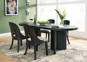 Ashley Furniture Rowanbeck dining room set with a wooden table and matching chairs, displayed in a modern dining space.
