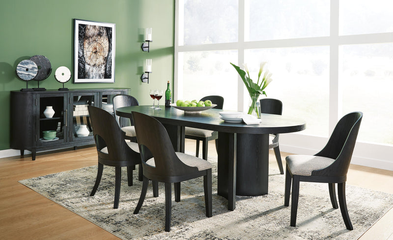 Ashley Furniture Rowanbeck dining room set with wooden table and matching chairs, modern design for dining space.