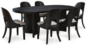 Ashley Furniture Rowanbeck dining room set with a wooden table and six matching chairs, elegant and modern for dining spaces.