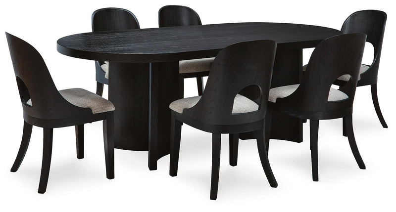 Ashley Furniture Rowanbeck dining room set with a wooden table and six matching chairs, elegant and modern for dining spaces.