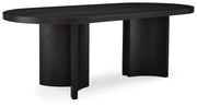 Ashley Furniture Rowanbeck dining room set with a table and six chairs, shown from an angled side view in a modern dining space.