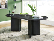 Ashley Furniture Rowanbeck dining room set with a wooden table and six matching chairs, elegant and modern for your dining space.