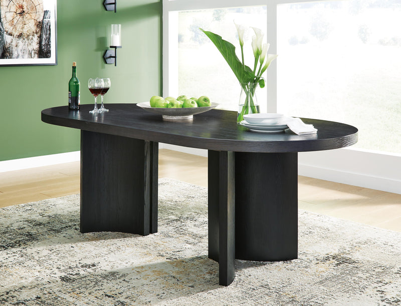 Ashley Furniture Rowanbeck dining room set with a wooden table and six matching chairs, elegant and modern for your dining space.