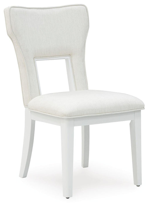 Ashley Furniture Chalanna dining chair with wooden frame and upholstered seat, shown from an angled side view.