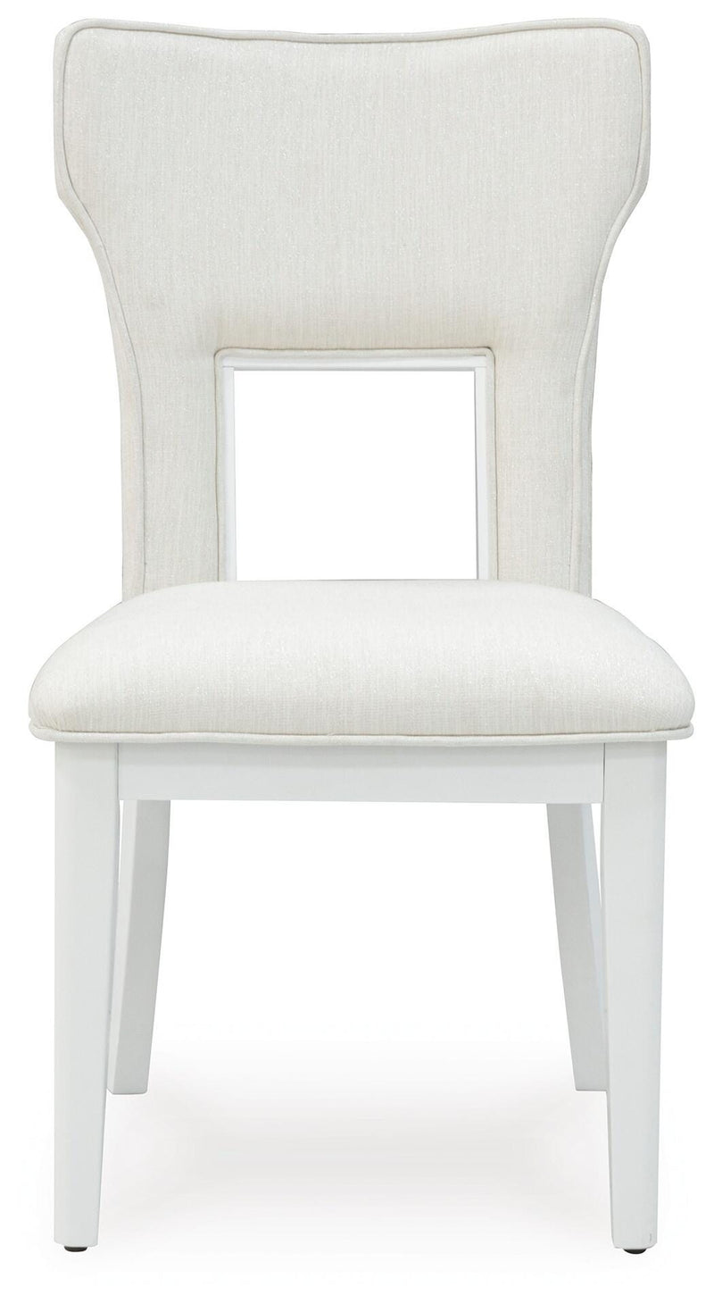 Ashley Furniture Chalanna dining room set with a wooden table and six matching chairs, shown from a head-on angle.