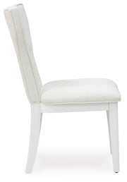 Ashley Furniture Chalanna dining chair with wooden frame and upholstered seat, shown from a side angle.