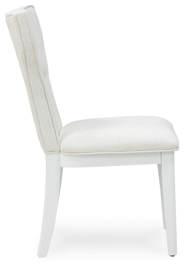 Ashley Furniture Chalanna dining chair with wooden frame and upholstered seat, shown from a side angle.
