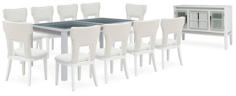 Ashley Furniture Chalanna dining room set with a rectangular table and six matching chairs in a modern, elegant design.