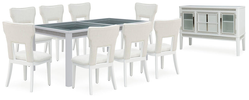 Ashley Furniture Chalanna dining room set with a wooden table and matching chairs, modern design, and warm finish.