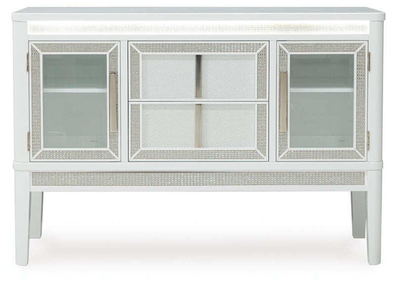 Ashley Furniture Chalanna dining room set with a table, chairs, and LED lighting in a modern dining room style.