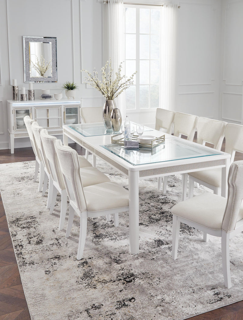 Ashley Furniture Chalanna dining room set with a rectangular table and six upholstered chairs, modern and stylish for the dining area.