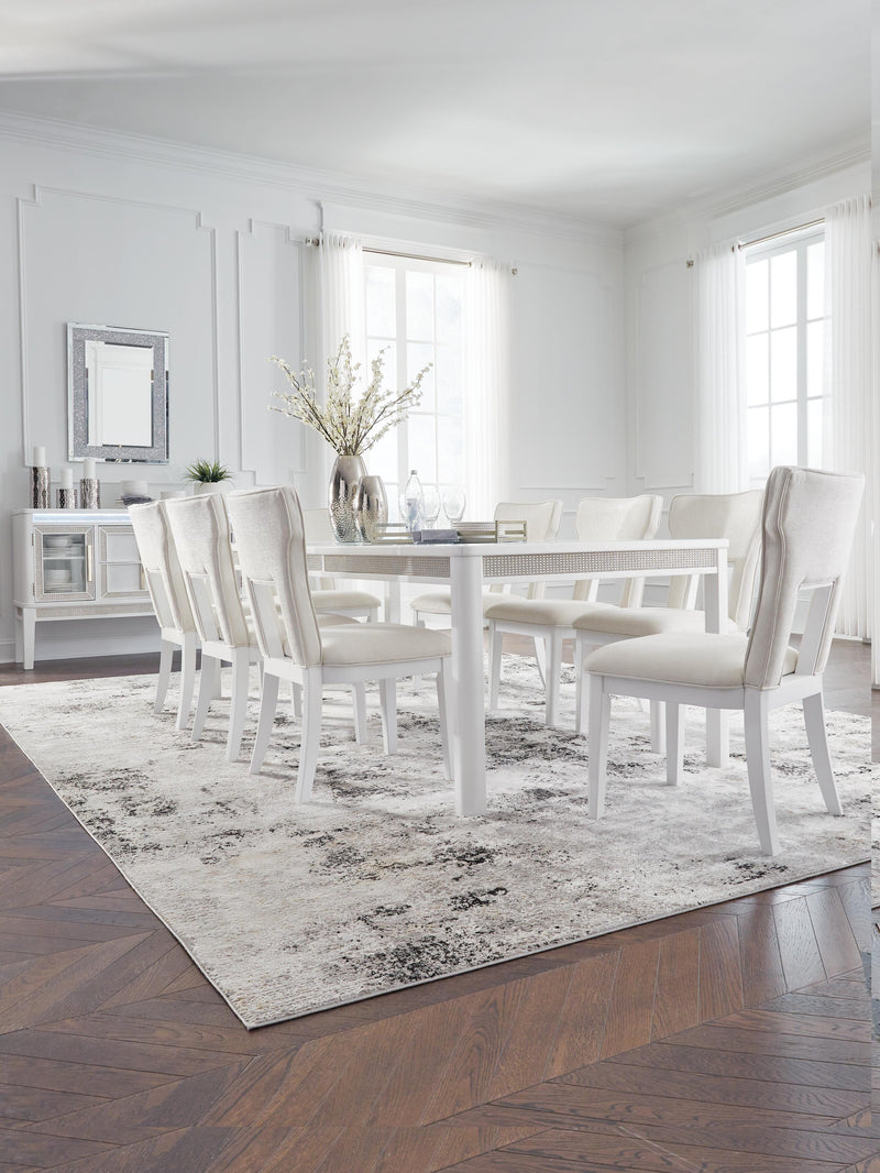 Ashley Furniture Chalanna dining room set with a table and six chairs, featuring a modern design and dark wood finish.