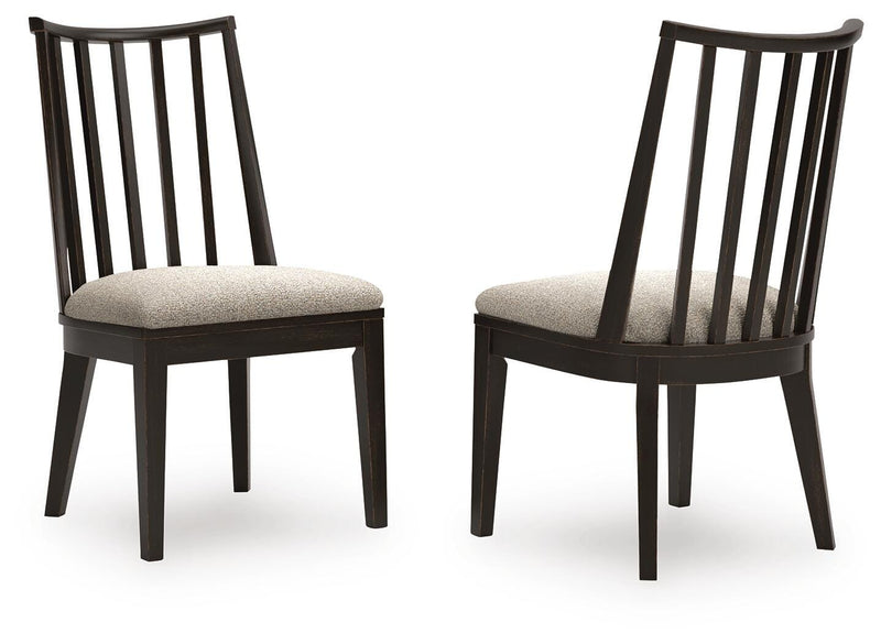 Ashley Furniture Galliden dining chair with dark wood legs and upholstered beige fabric, shown from a side angle.