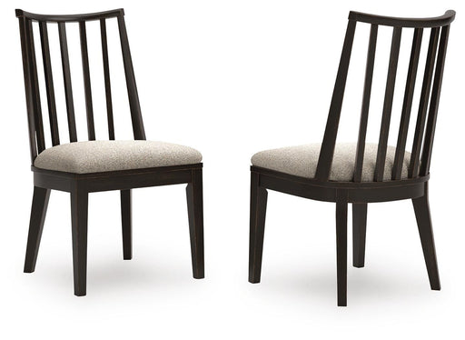 Ashley Furniture Galliden dining chair with dark wood legs and upholstered beige fabric, shown from a side angle.
