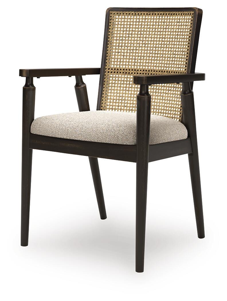 Ashley Furniture Galliden dining room set with a wooden table and matching chairs, shown from an angled side view.
