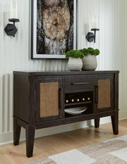 Ashley Furniture Galliden dining server with glass doors, wooden finish, and multiple storage compartments.