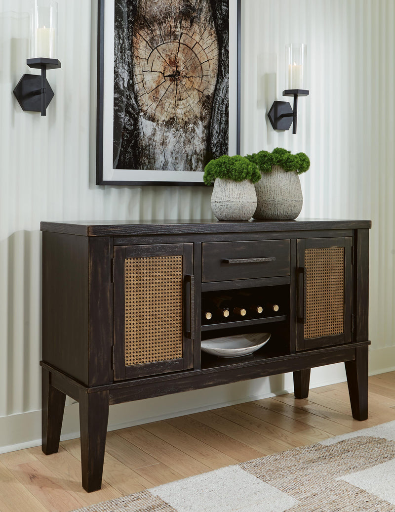 Ashley Furniture Galliden dining server with glass doors, wooden finish, and multiple storage compartments.