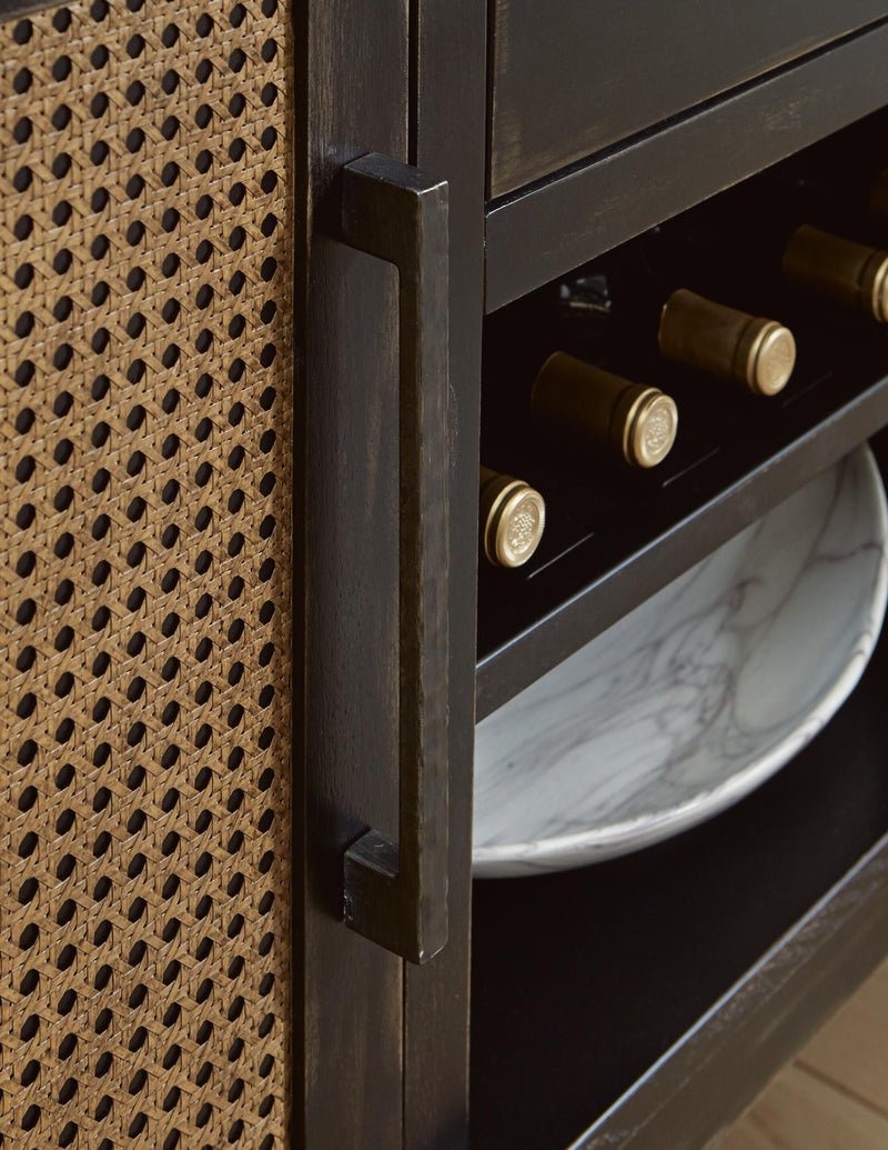 Ashley Furniture Galliden dining server with metal handles, showcasing a sleek wood finish and elegant storage compartments.