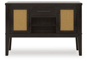 Ashley Furniture Galliden dining server with a sleek wood finish and multiple storage drawers, shown from a front head-on view.