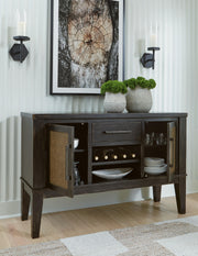Ashley Furniture Galliden Dining Server, open view showing wood finish and multiple storage compartments.