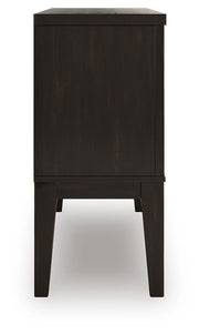 Ashley Furniture Galliden dining server with a sleek wooden design, featuring open shelves and storage cabinets.