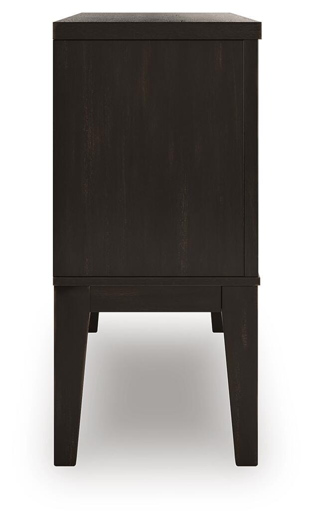 Ashley Furniture Galliden dining server with a sleek wooden design, featuring open shelves and storage cabinets.