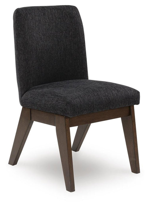 Ashley Furniture Dilenno dining chair with wooden frame and upholstered seat, shown from an angle.