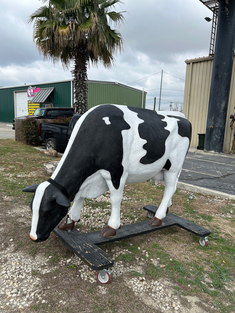 Life Size Grazing Holstein Cow Statue with Bell – Black & White