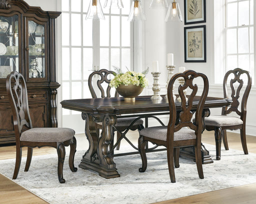 Ashley Furniture Maylee dining room set with a wooden table and six matching chairs in a modern, elegant design.