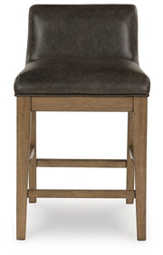 Ashley Furniture Cabalynn counter height barstool with wood legs and upholstered seat, shown from a front head-on view.