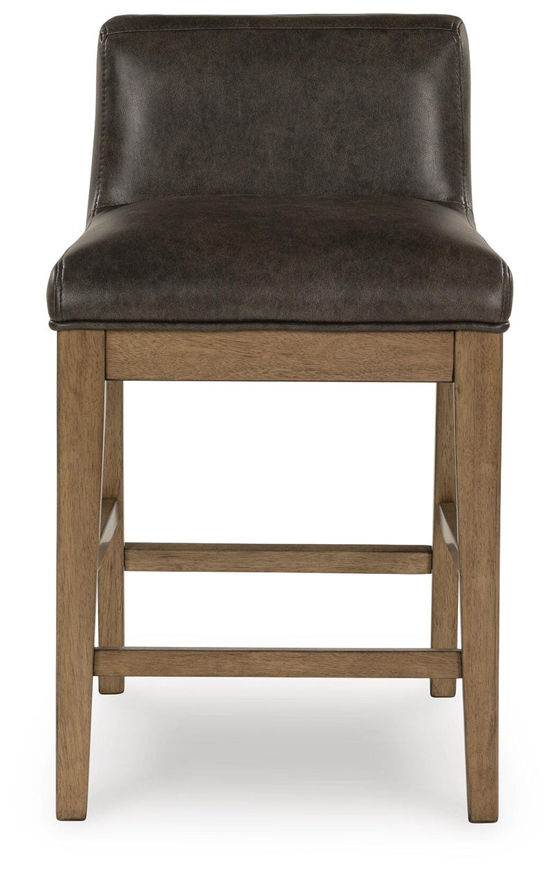 Ashley Furniture Cabalynn counter height barstool with wood legs and upholstered seat, shown from a front head-on view.
