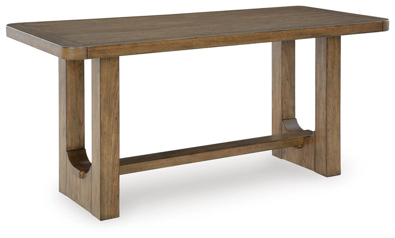 Ashley Furniture Cabalynn counter height dining table with wooden top and sturdy legs, shown from an angle.