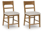 Ashley Furniture Cabalynn counter height barstool with wooden legs and upholstered seat, shown from a side angle.